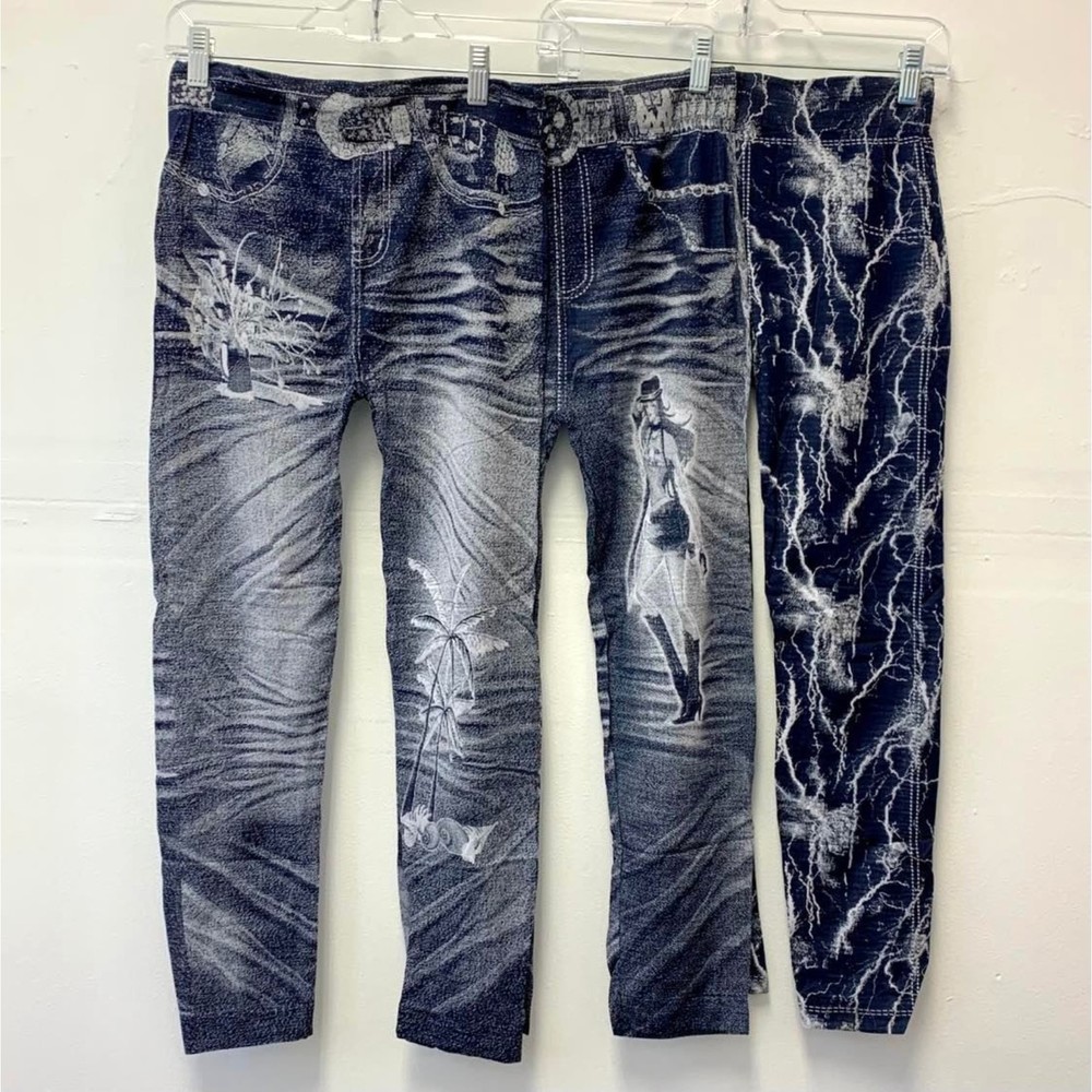 Women's Denim Print Stretch Leggings Jeggings Lightweight Blue One Sz S-XL NEW